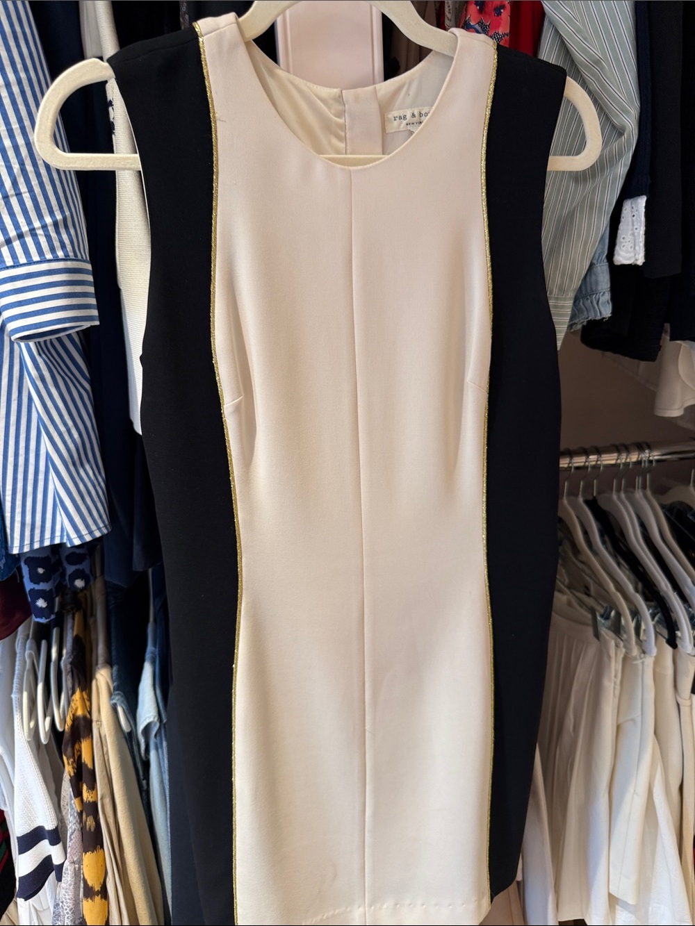 Gorgeous Sleeveless RAG & BONE DuPont Black & Cream Sheath Dress with Gold Trim